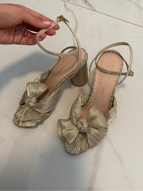 Loeffler Randall Metallic Gold Bow Block Heel Sandals